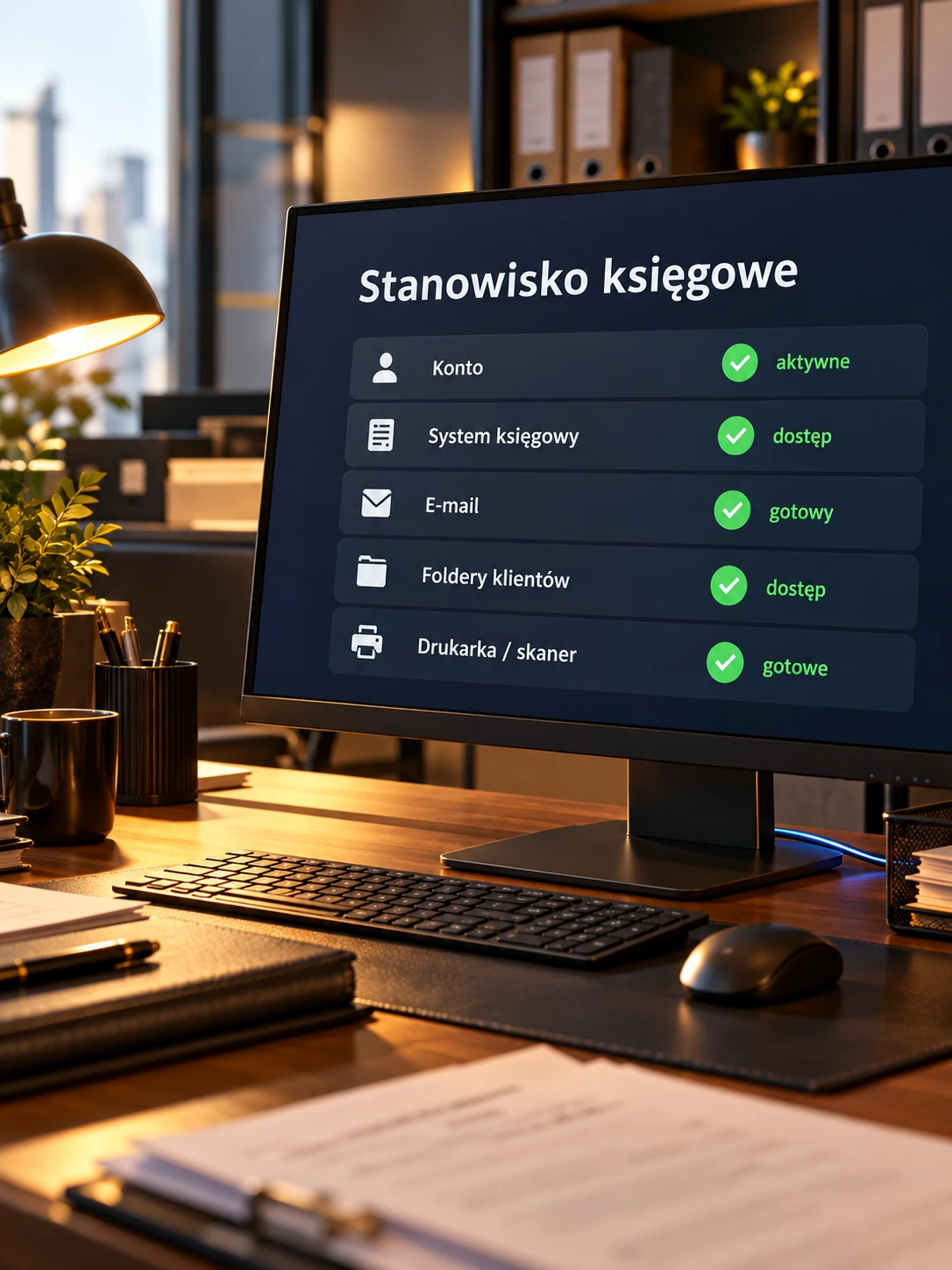 Monitor z listą kont i dostępów przygotowanych na stanowisku księgowym