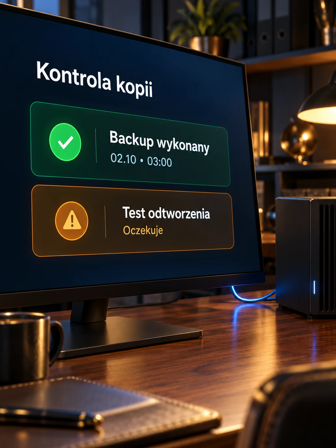 Ekran kontroli kopii zapasowej i oczekującego testu odtworzenia danych