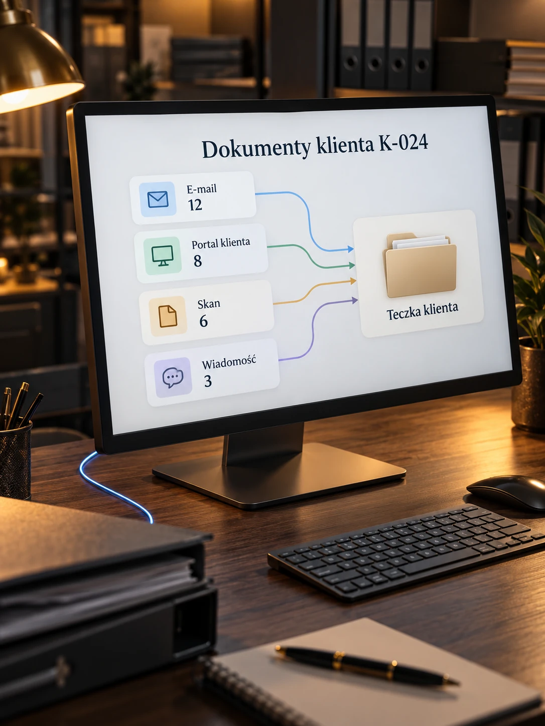 Monitor z dokumentami klienta zebranymi z e-maila, komunikatora, skanu i folderu