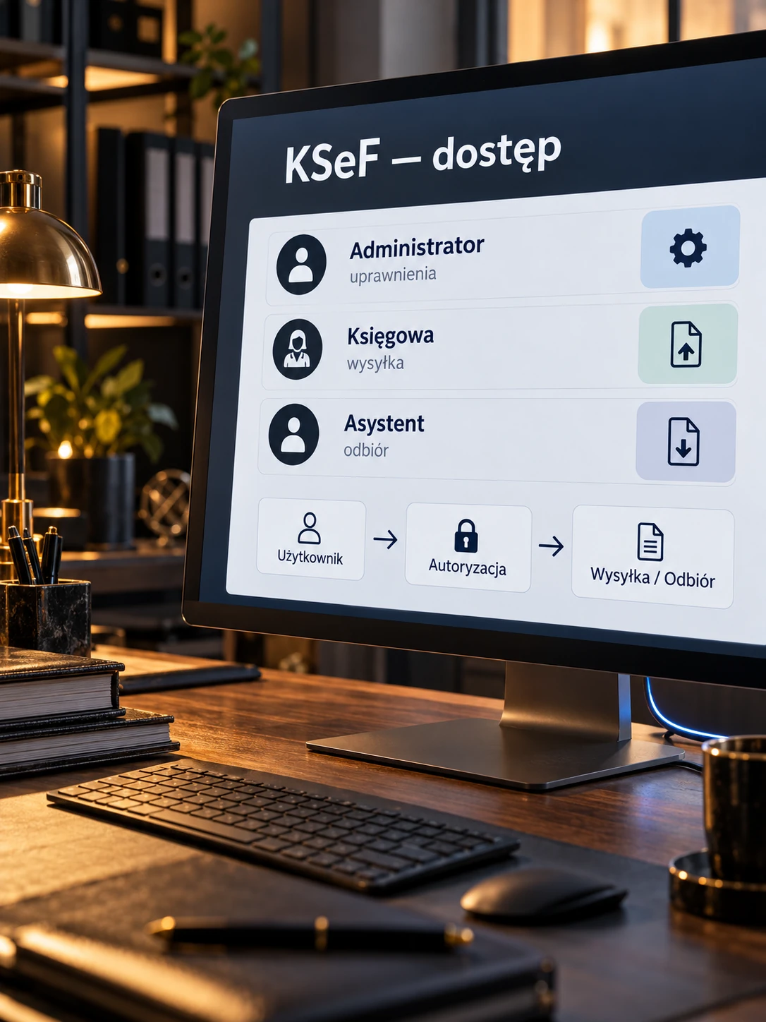 Panel dostępów do KSeF z rolami użytkowników i etapami obsługi faktur