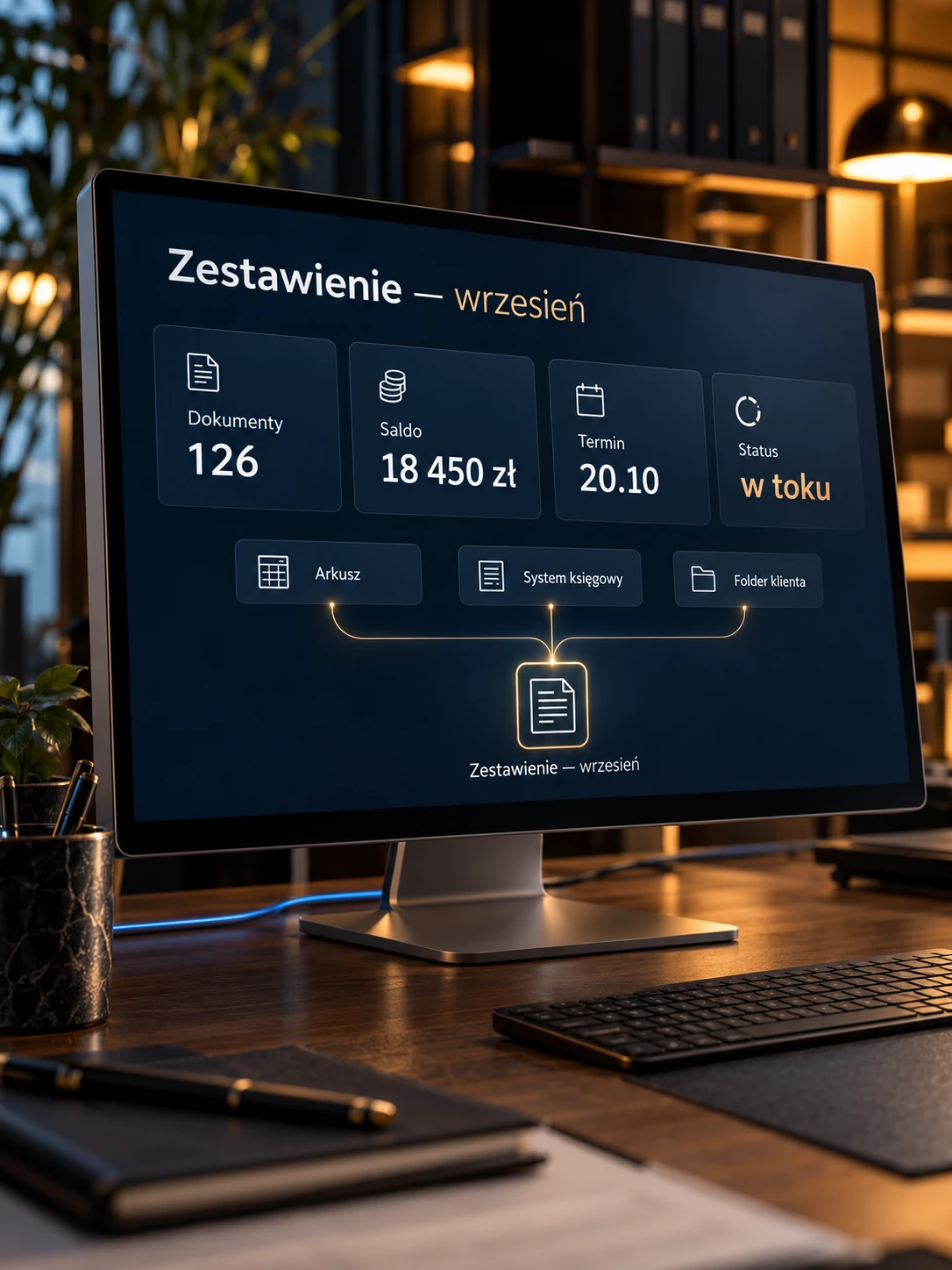 Monitor z miesięcznym zestawieniem łączącym dane z kilku źródeł