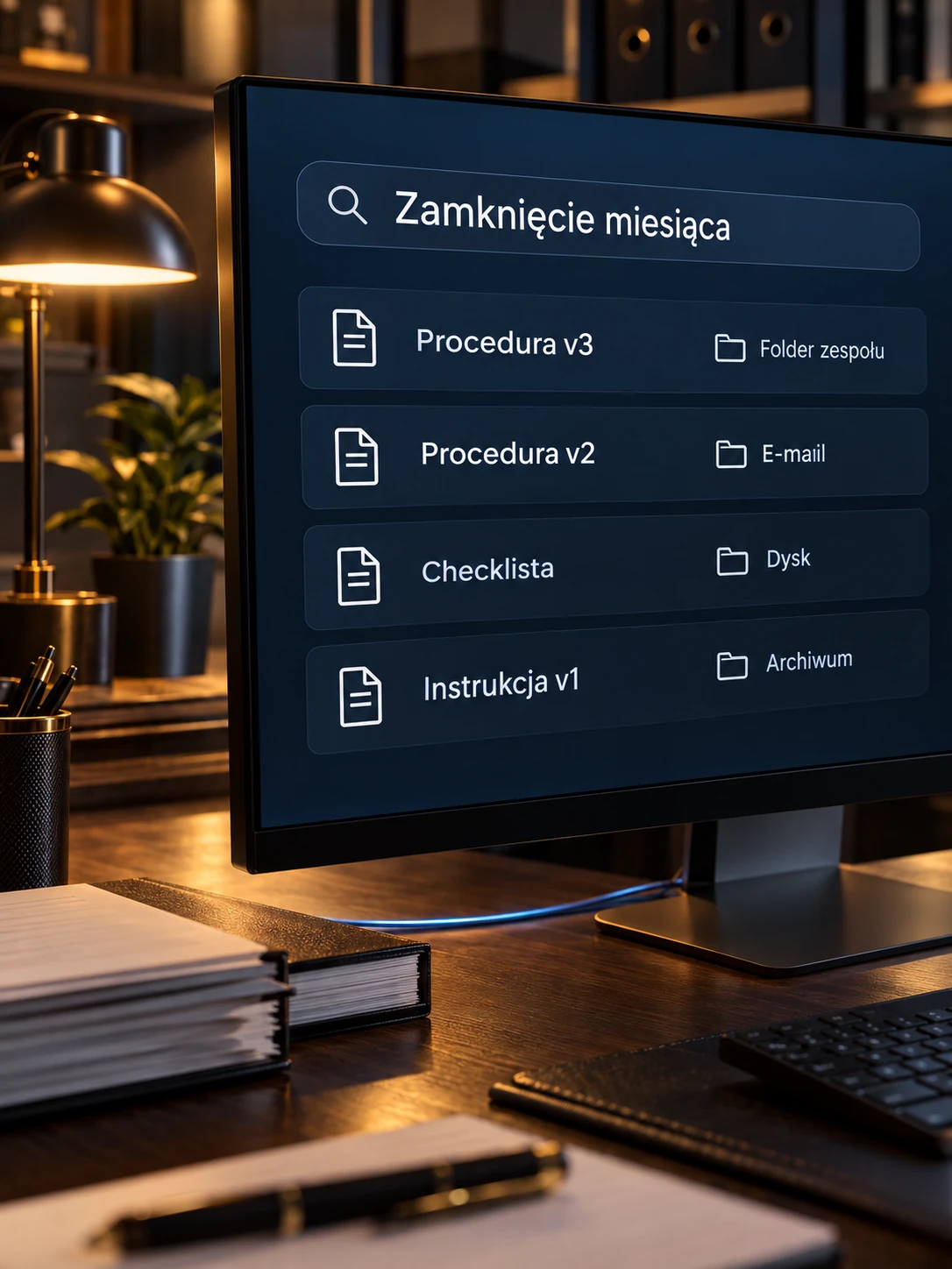 Ekran wyszukiwania procedur, checklist i instrukcji zamknięcia miesiąca