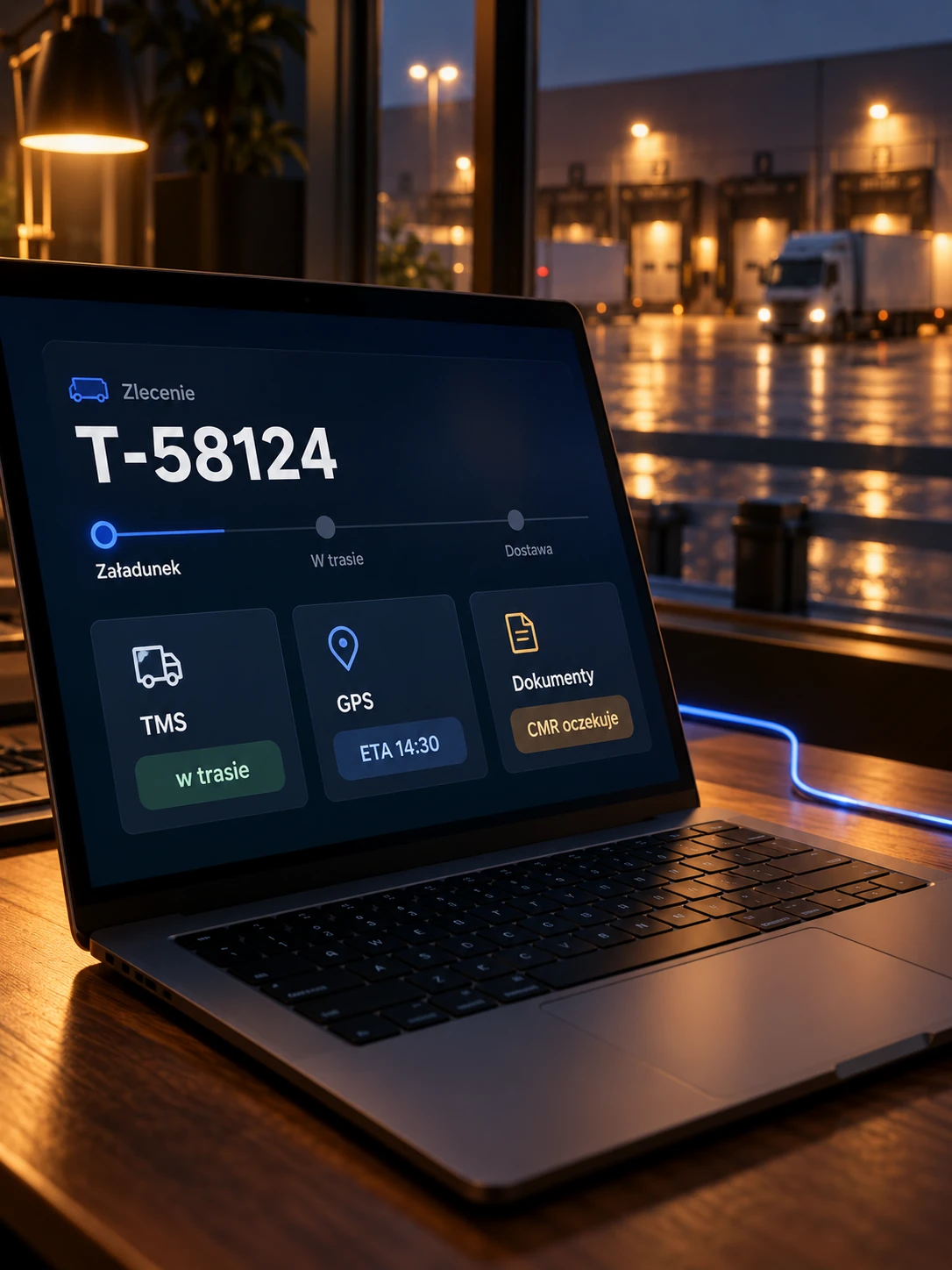 Laptop ze statusem transportu oraz danymi z TMS, GPS i dokumentów