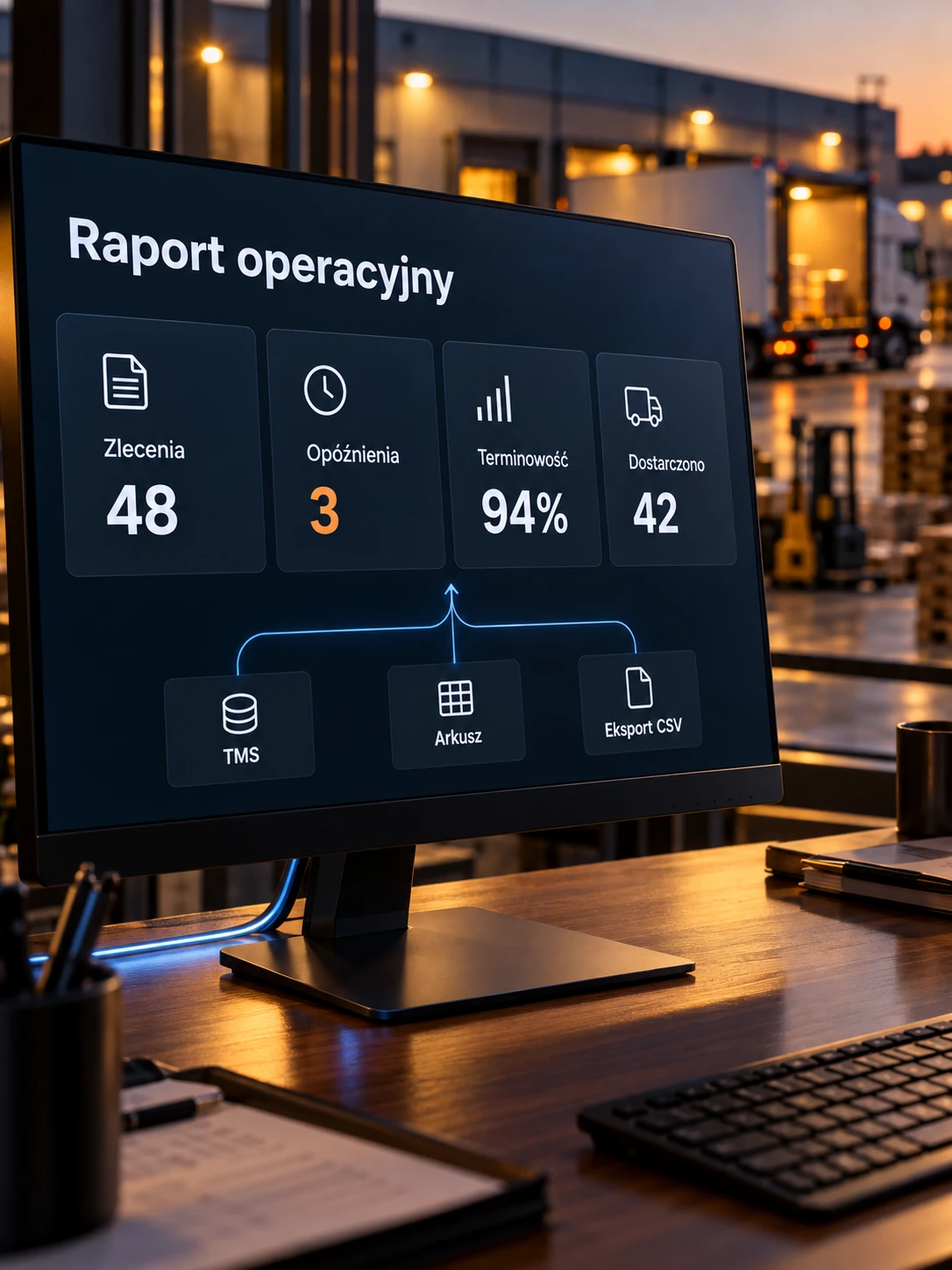 Monitor z raportem operacyjnym łączącym dane transportowe i magazynowe