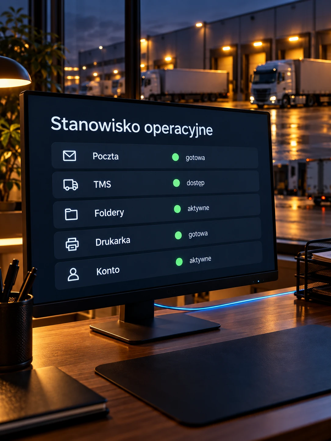 Monitor z listą gotowości stanowiska operacyjnego i dostępów do systemów