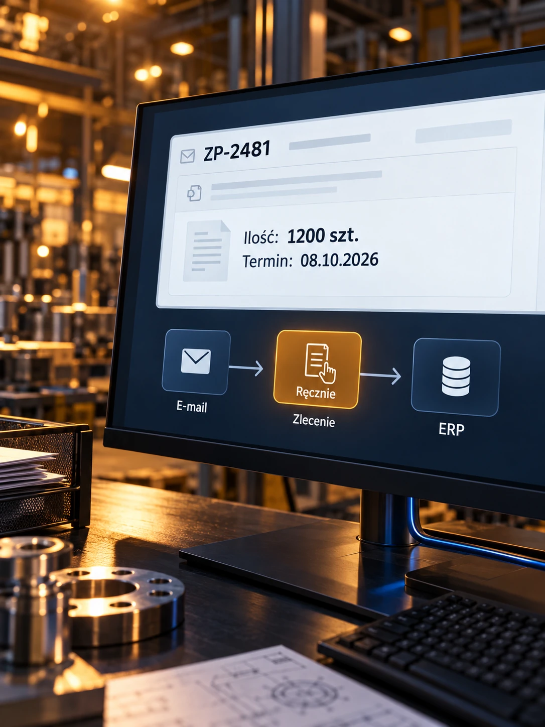 Ekran zlecenia produkcyjnego i ręcznego przenoszenia danych z e-maila do ERP