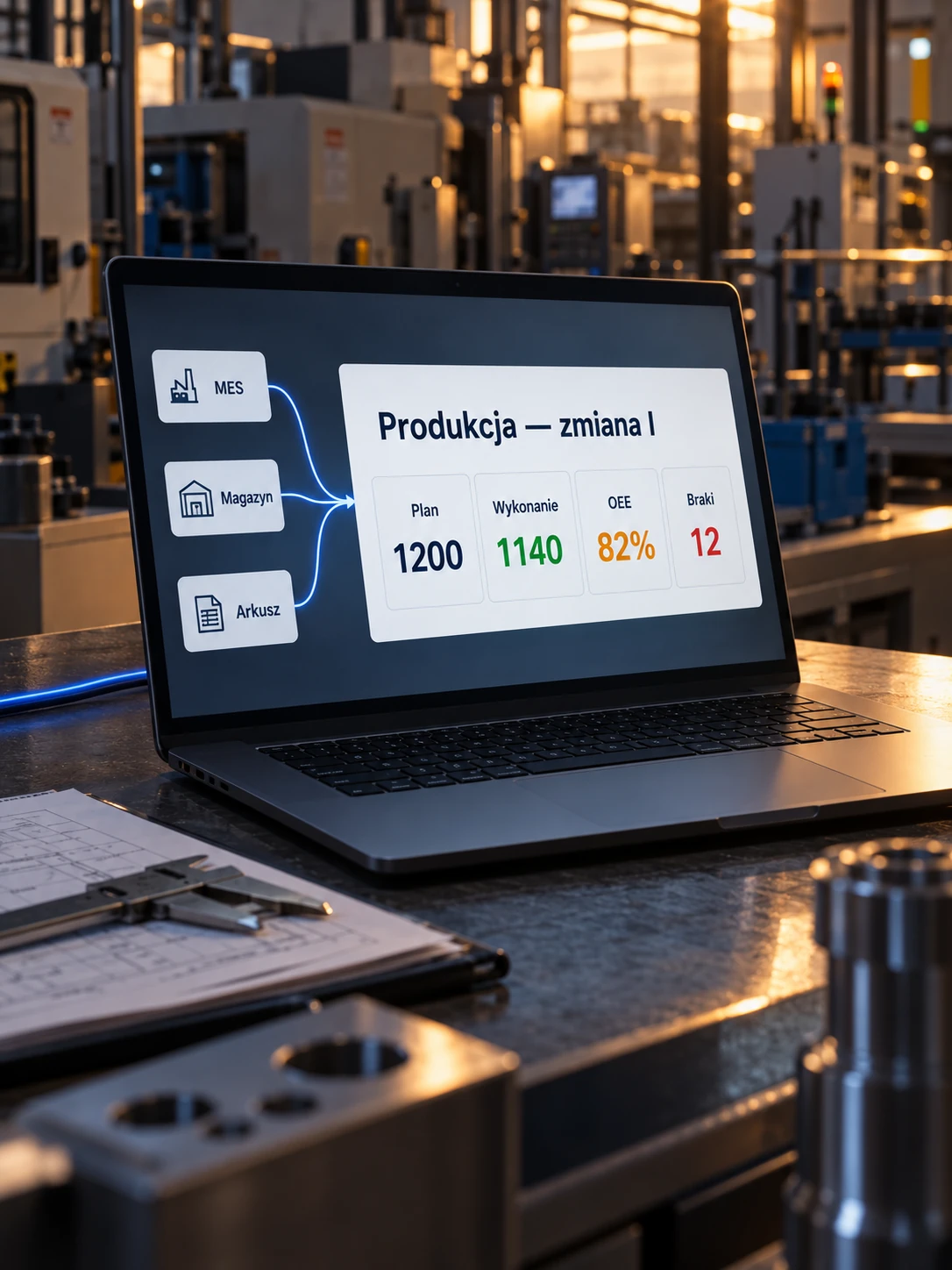 Laptop z raportem zmiany produkcyjnej łączącym dane z trzech źródeł