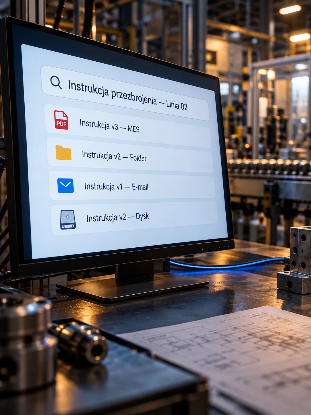 Monitor z wyszukiwaniem instrukcji i dokumentów produkcyjnych