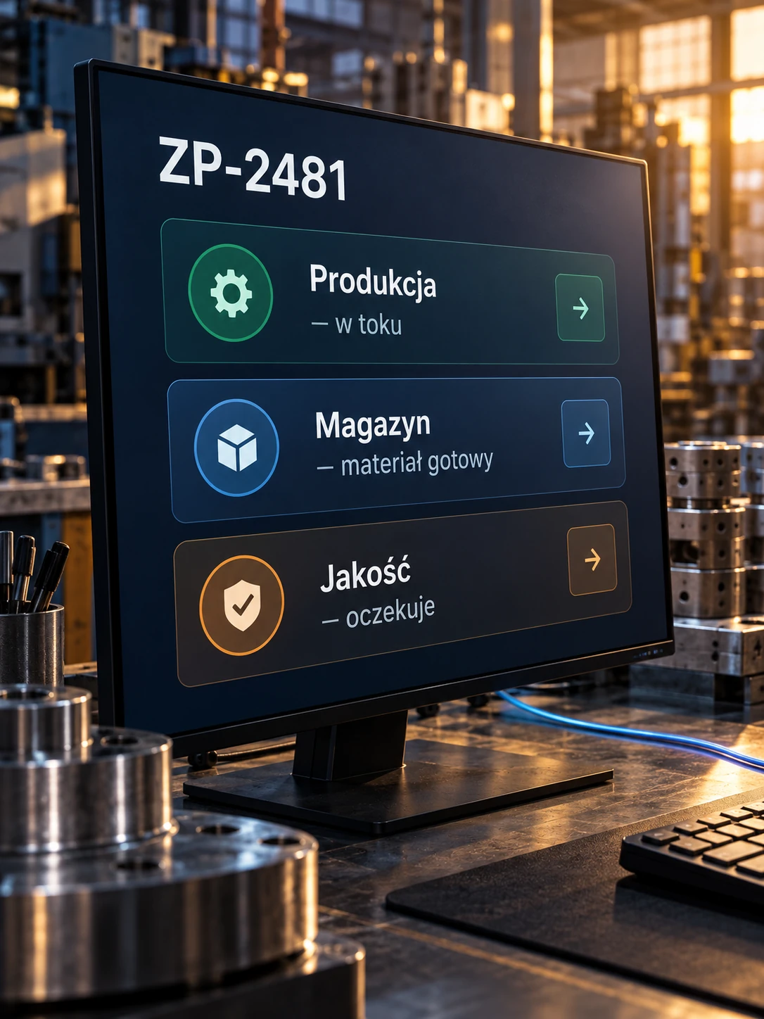 Panel zlecenia produkcyjnego ze statusami produkcji, magazynu i jakości