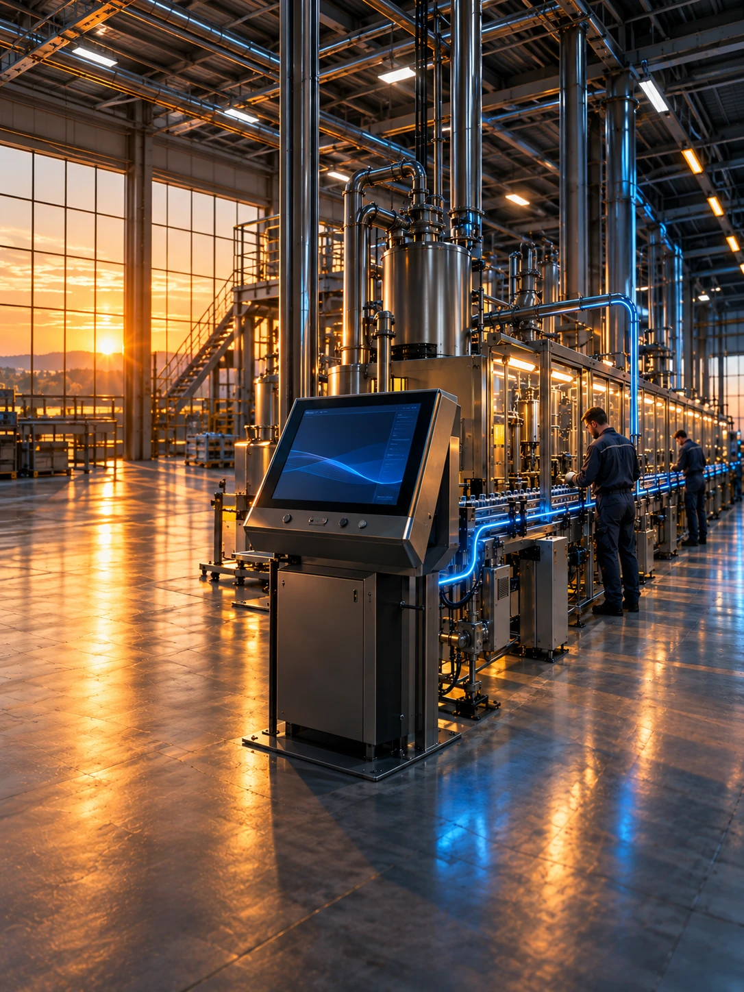 Terminal i pracownik przy linii produkcyjnej w hali fabrycznej