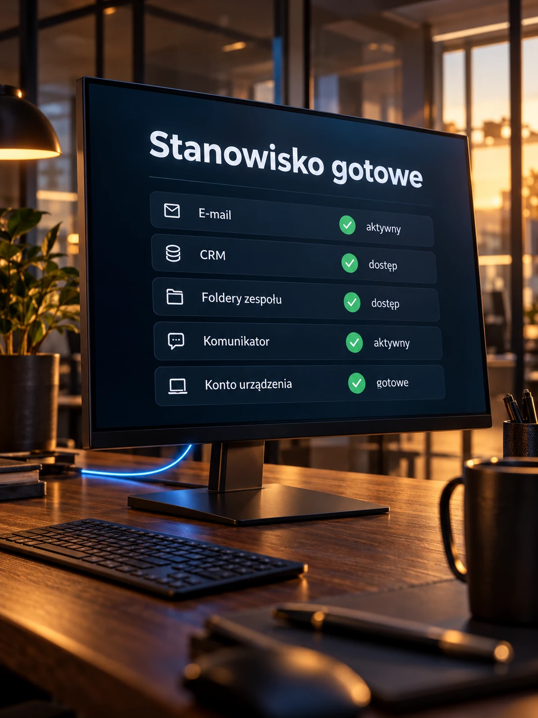 Monitor z listą gotowości kont, CRM i narzędzi na stanowisku biurowym