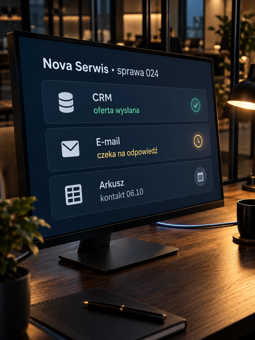 Panel sprawy klienta ze statusami z CRM, e-maila i arkusza