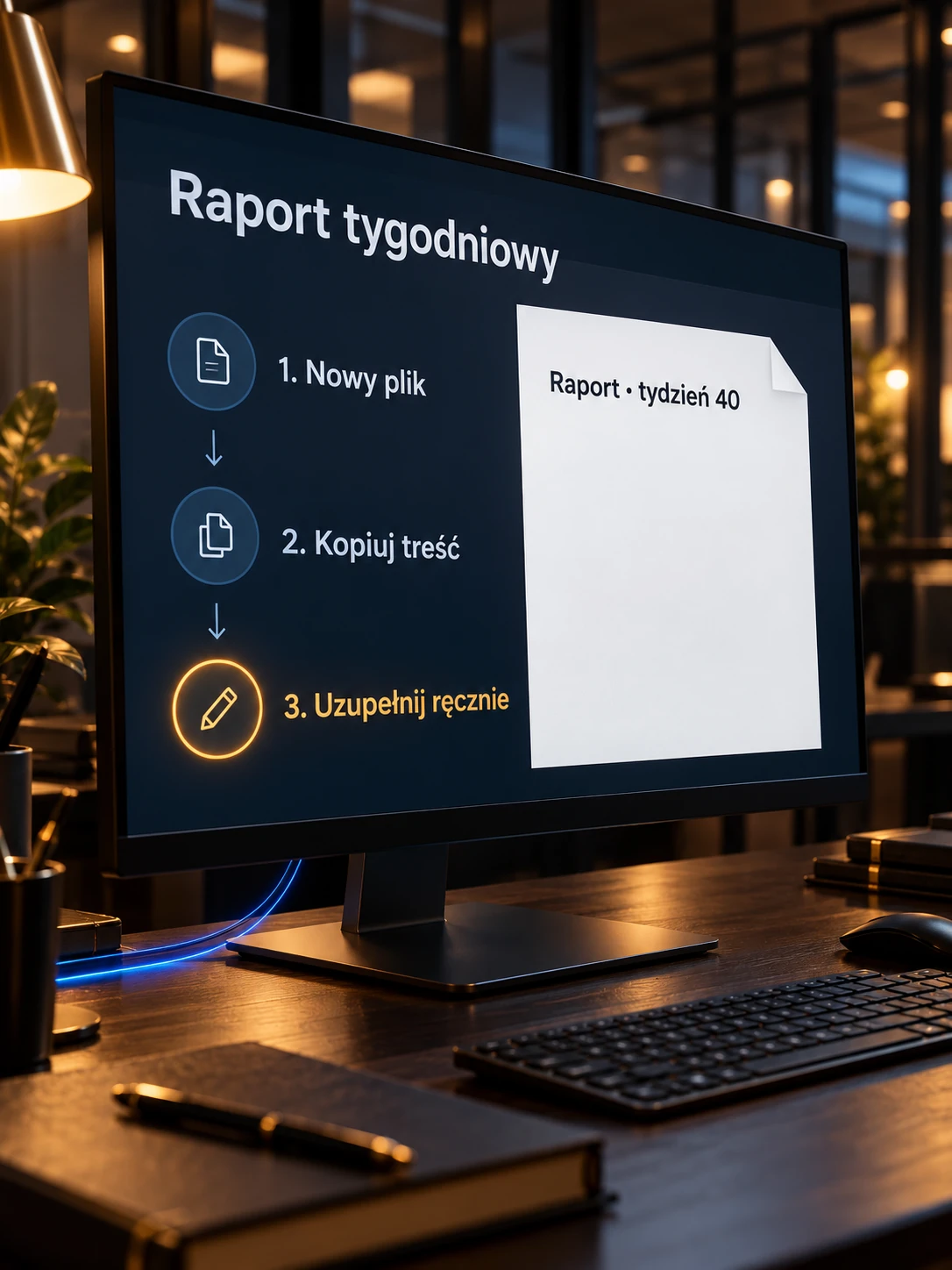 Monitor z etapami ręcznego przygotowywania raportu tygodniowego
