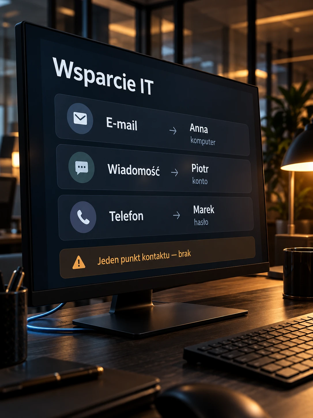 Monitor zgłoszeń wsparcia IT przypisanych do różnych osób w biurze